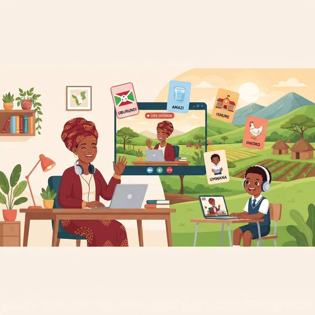 A Burundian teacher and a young student connected through a video call, surrounded by Kirundi flashcards